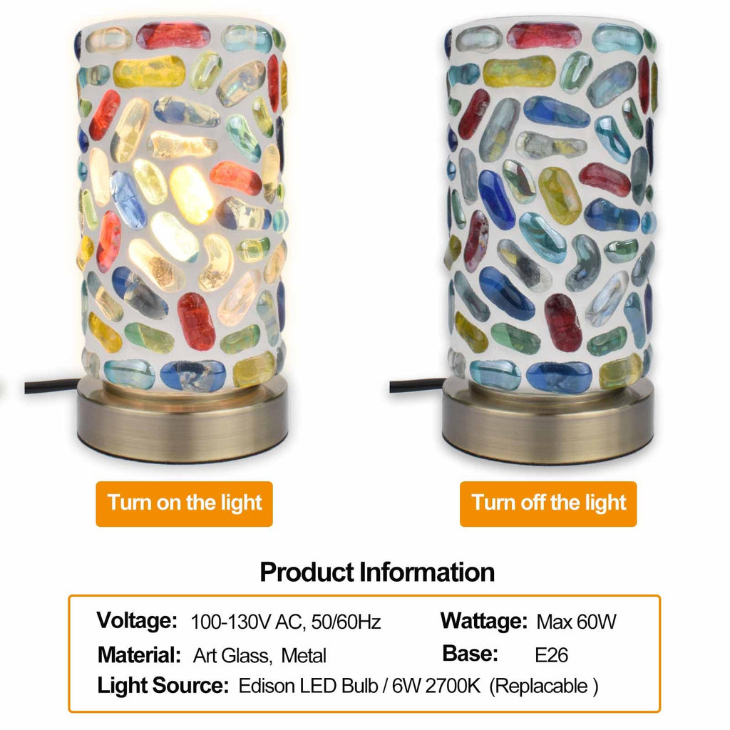 Handmade Turkish Mosaic Table Lamp, Cylinder Stained Pebbles Glass Pieces Nightlight with Antique Brass Base