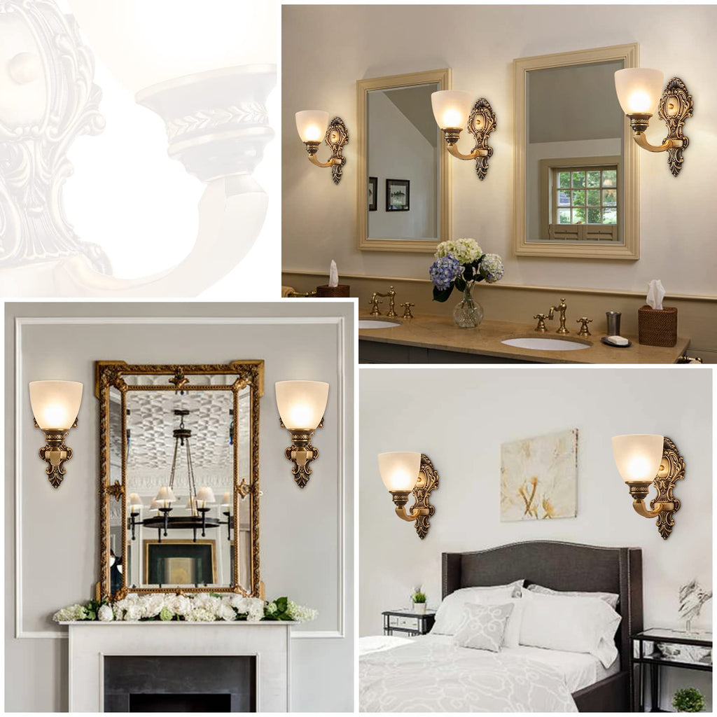 2 Pack Vintage Wall Sconce Brass Wall Mounted Light Ceiling Fixture with Milk White Glass Shades Bedroom Hallway