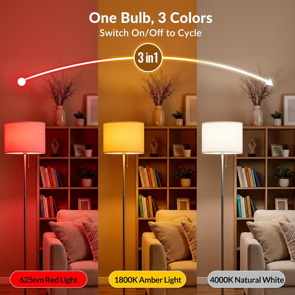 E26 7W A19 Block Blue Light Sleep Light Bulb, 625nm Red Light Melatonin-1800K Amber Light-4000K Natural Daylight, LED