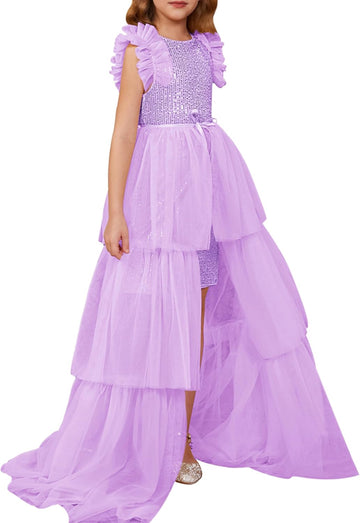 Girls Sequin Formal Pageant Fancy Party Ruffle Prom Maxi Dress