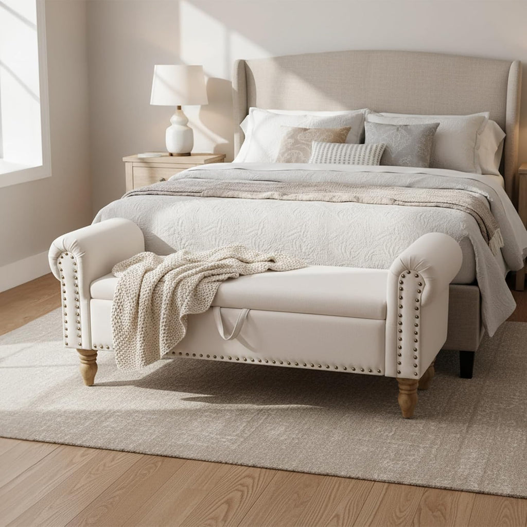 55" Linen Storage Bench, Queen End of Bed, Off-White | Linen Upholstered, Bedroom/Entryway/Closet, Storage Ottoman