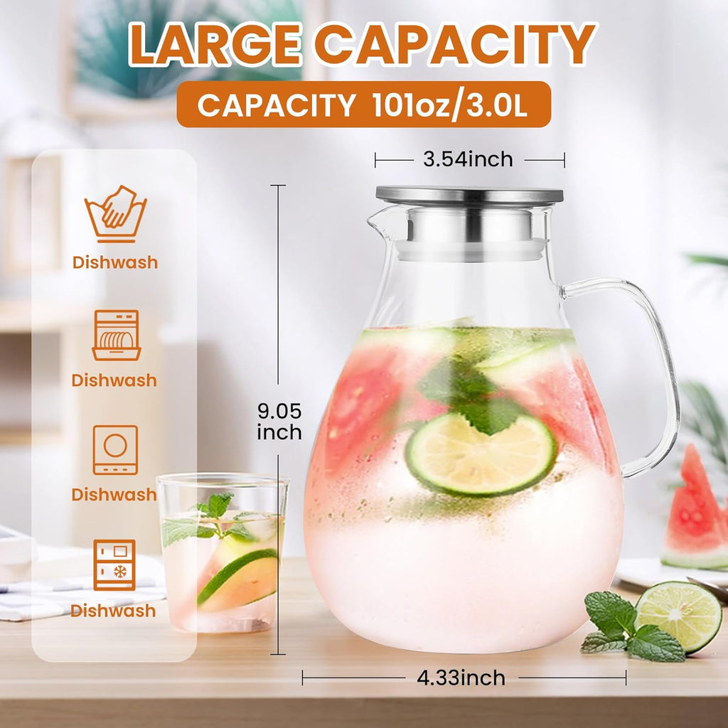 3 Litre 101oz Glass Pitcher Jar with Lid and Nozzle, 3.17Quart Cold/Hot Water Glass Water Bottle, Ice Tea for