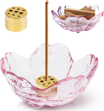 Incense Holder for Sticks, Glass Backflow Incense Burner with 9 Stick Holes, Handmade Cherry Blossom Incense Holder