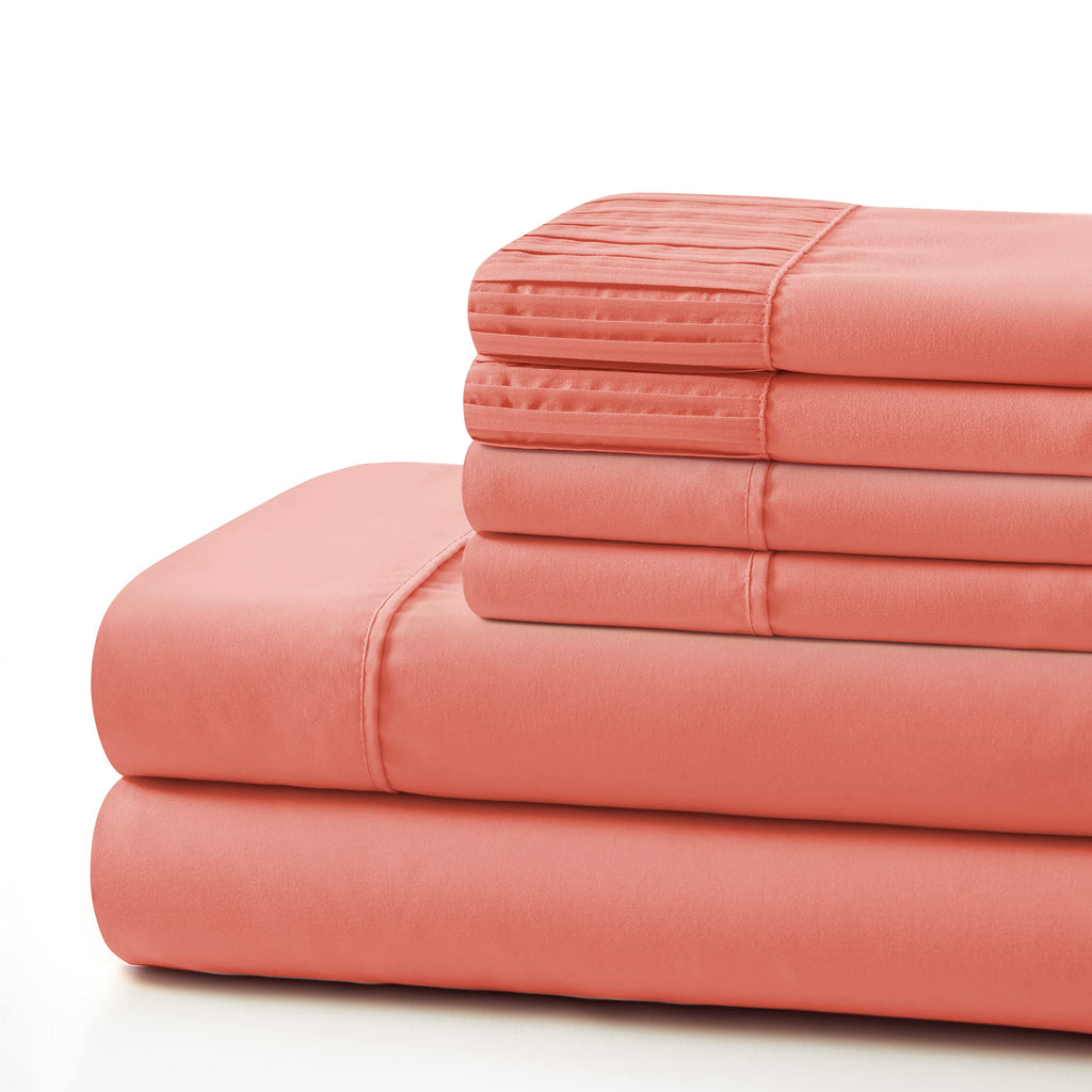 Ultra Soft Silky Deep Pocket Solid Rayon from Bamboo All Season 6 Pieces Sheet Set with 4 Pillowcases, Coral Color