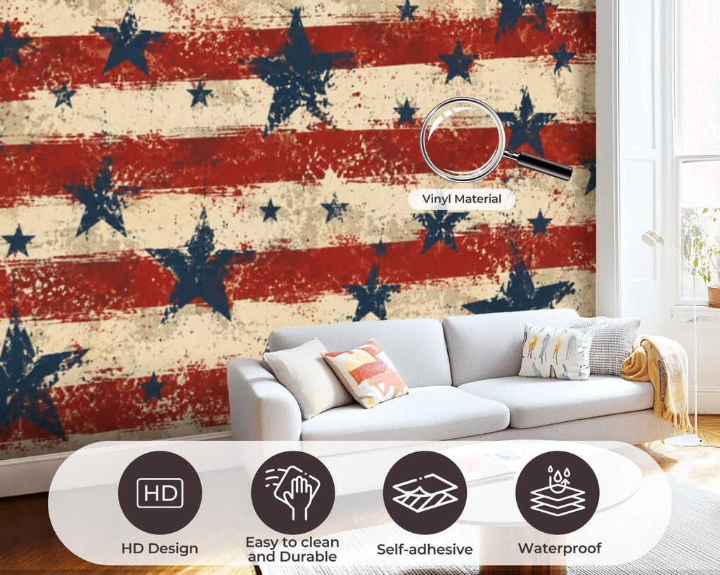 Wall Mural Peel and Stick Patriotic Stars Stripes Red White Blue Grunge Style Wallpaper Removable Self-Adhesive Large