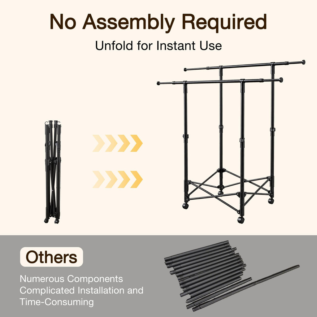 No-assembly Clothes Rack,Double Rod 59-Inch Rolling clothing rack