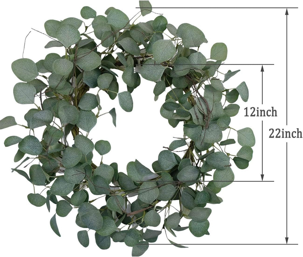 Eucalyptus Leaves Wreath Metal Polyester Fabric Paper Round Green Wreath 22 Inches for The Front Door Decor