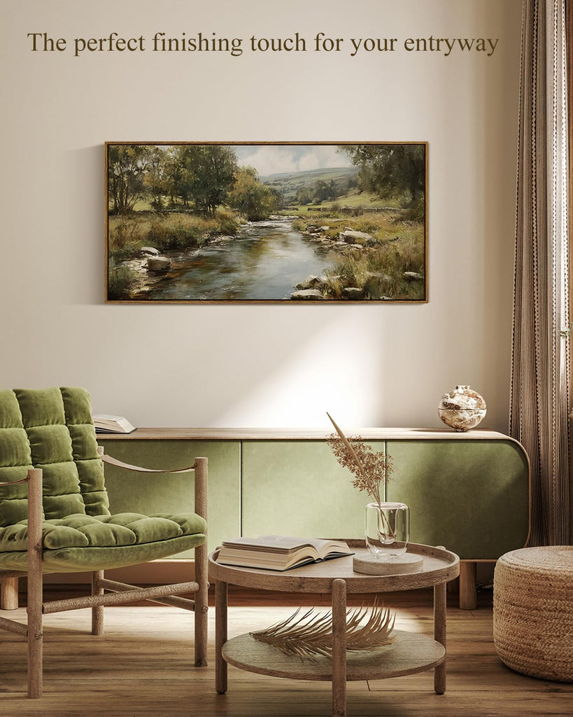 Extra Large Framed Vintage Wall Art, River Rolling Hills, 20x40inch