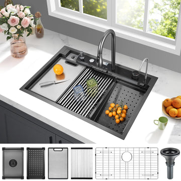 33x22 Inch Smart Waterfal Kitchen Sink Workstation, Gunmetal Black Drop-In Sink Handmade 16 Gauge Stainless Steel