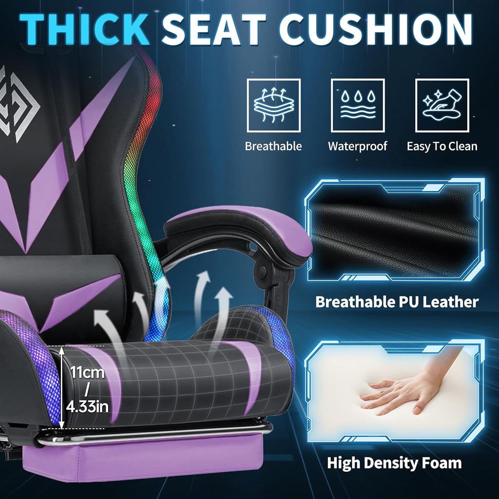 Gaming Chair with Bluetooth Speakers RGB LED Lights Computer Chair-Purple | Ergonomic Massage Game Chair with