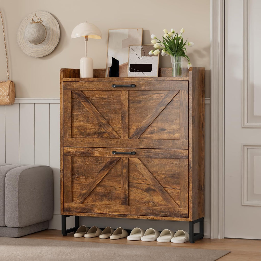 Farmhouse Shoe Storage Cabinet with 2 Flip Drawers, Rustic Brown