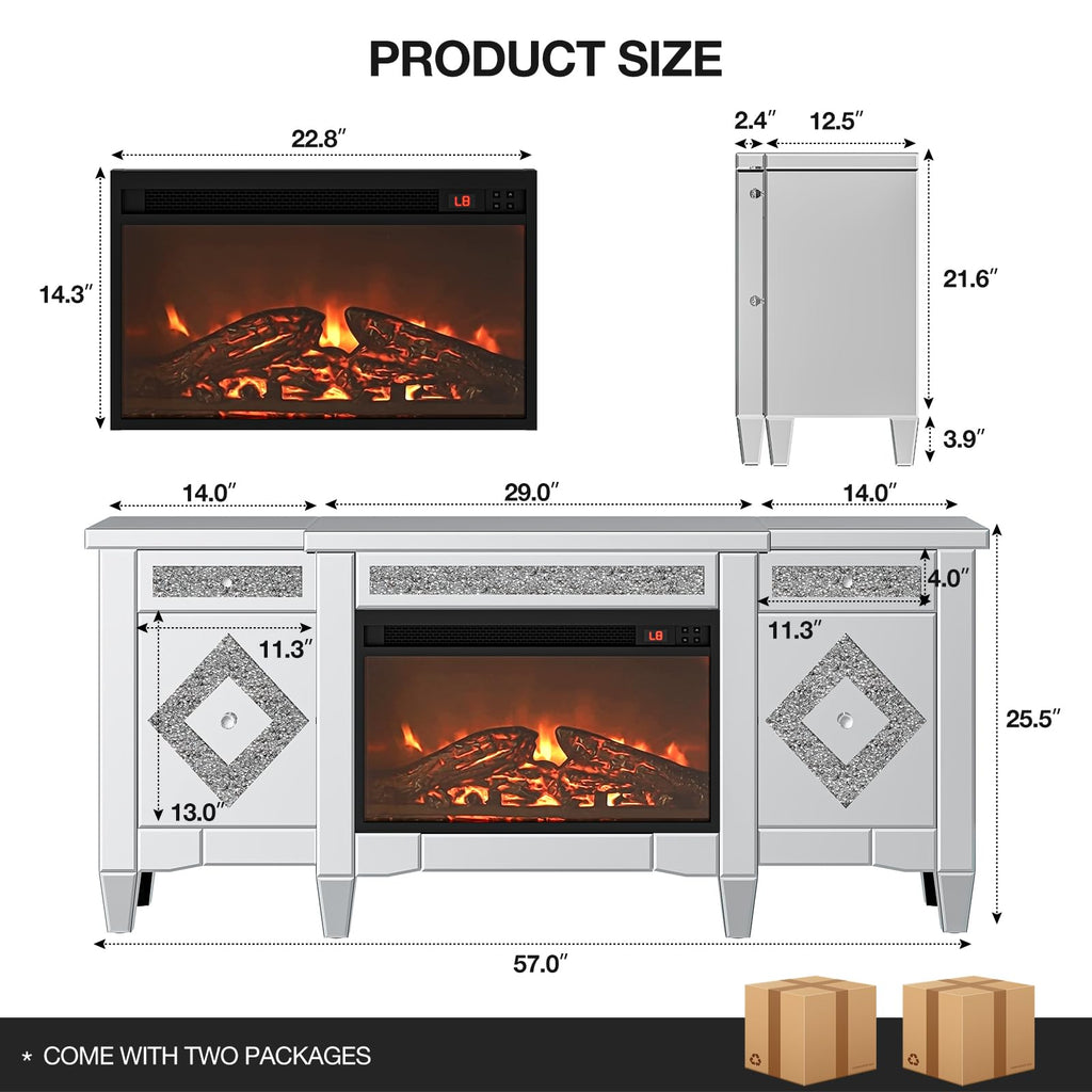 Mirrored TV Stand with Fireplace, 2 Drawers & Cabinets for 65"+ TVs