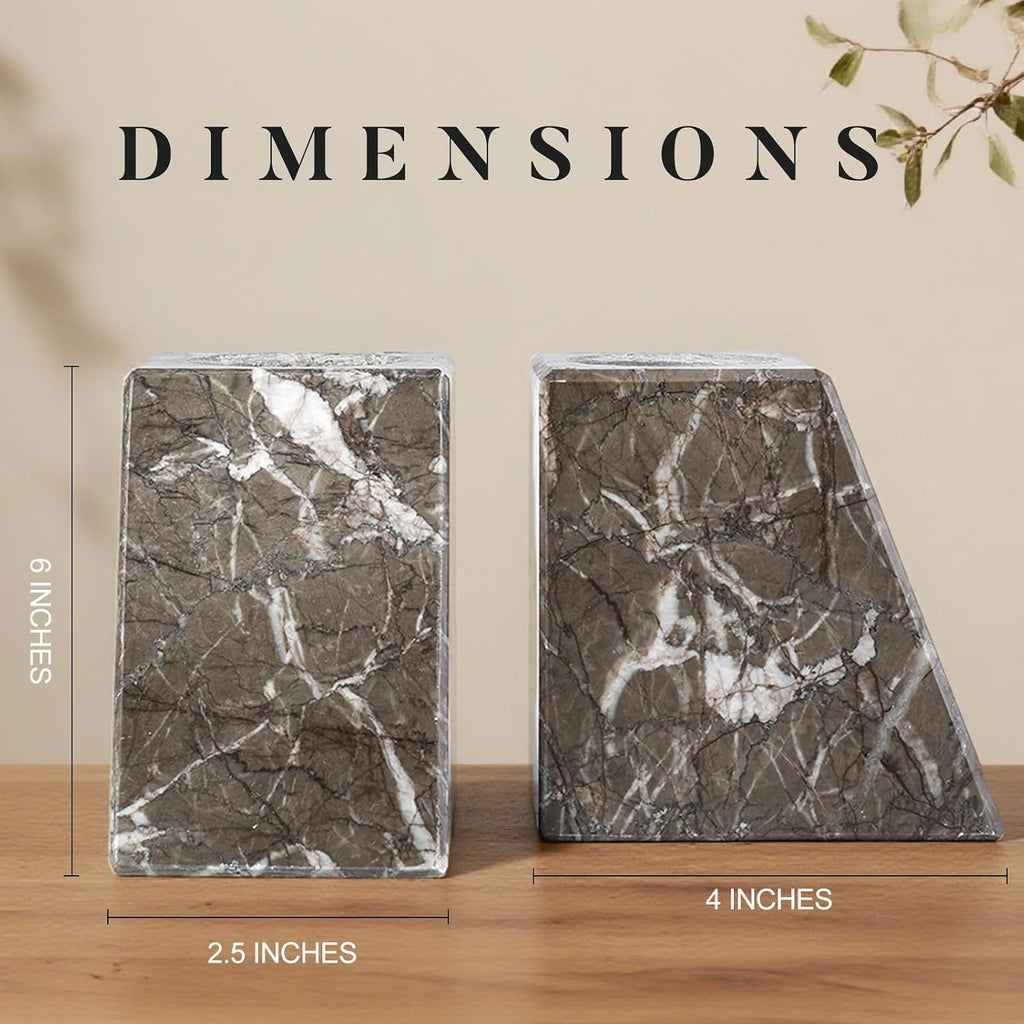 Marble Bookends Decorative, Natural Stone Book Stopper for Shelves, Unique Vase Book Ends Decoration (Gris Lido)