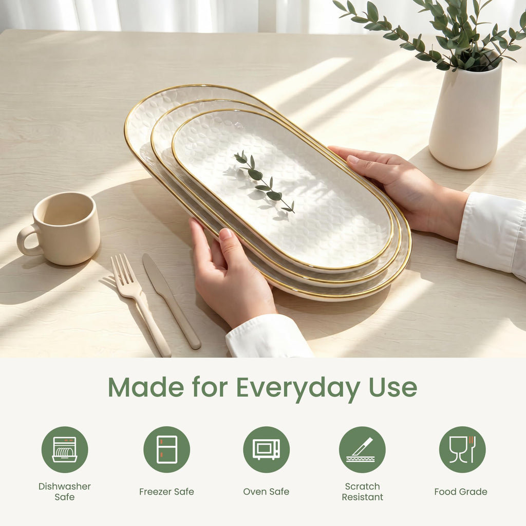 Gold Rim Ceramic Serving Platter 16"/14"/12" Decorative White Gold Serveware for Parties Entertaining Elegant Serving