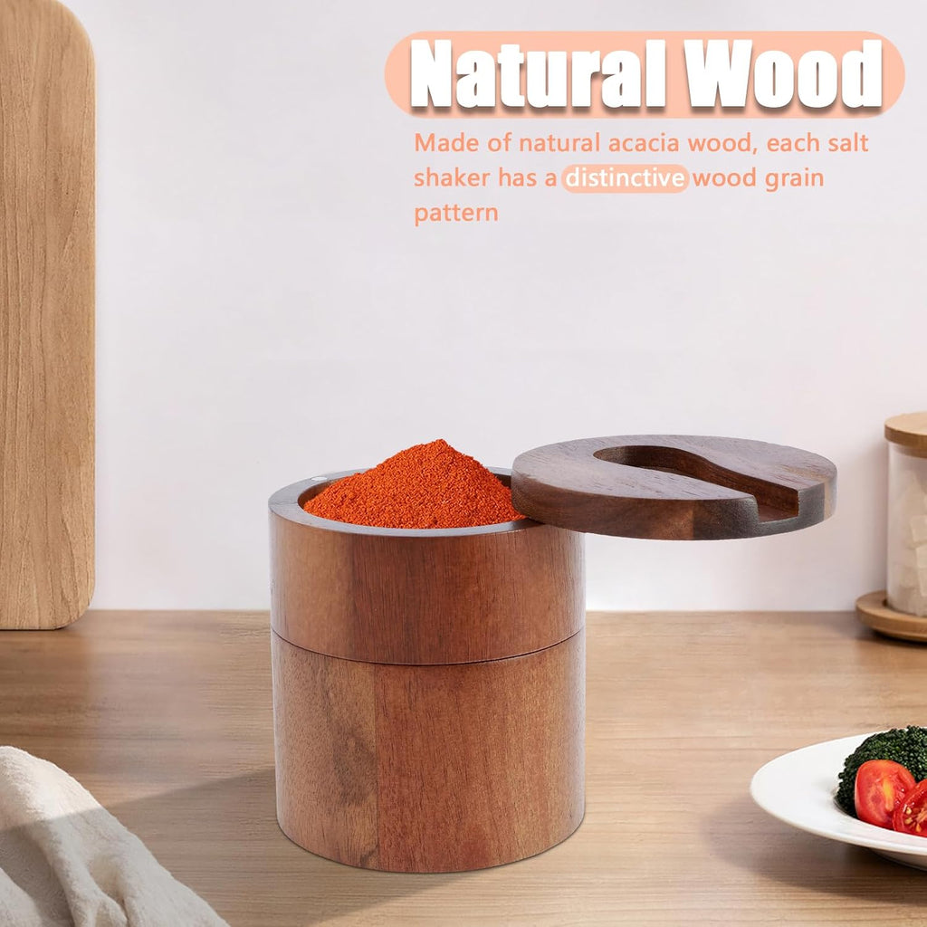 2 Layers Acacia Wood Salt and Pepper Bowl Salt and Pepper Storage Box Salt Container Salt Keeper with Built in Spoon