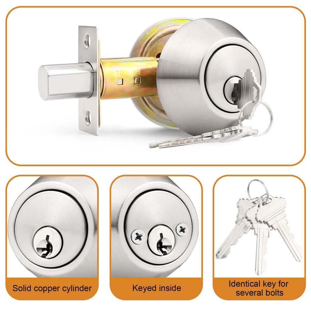 1Pack Brushed Nickel Double Cylinder Deadbolt Lock, Round Keyed Both Side Door Lock