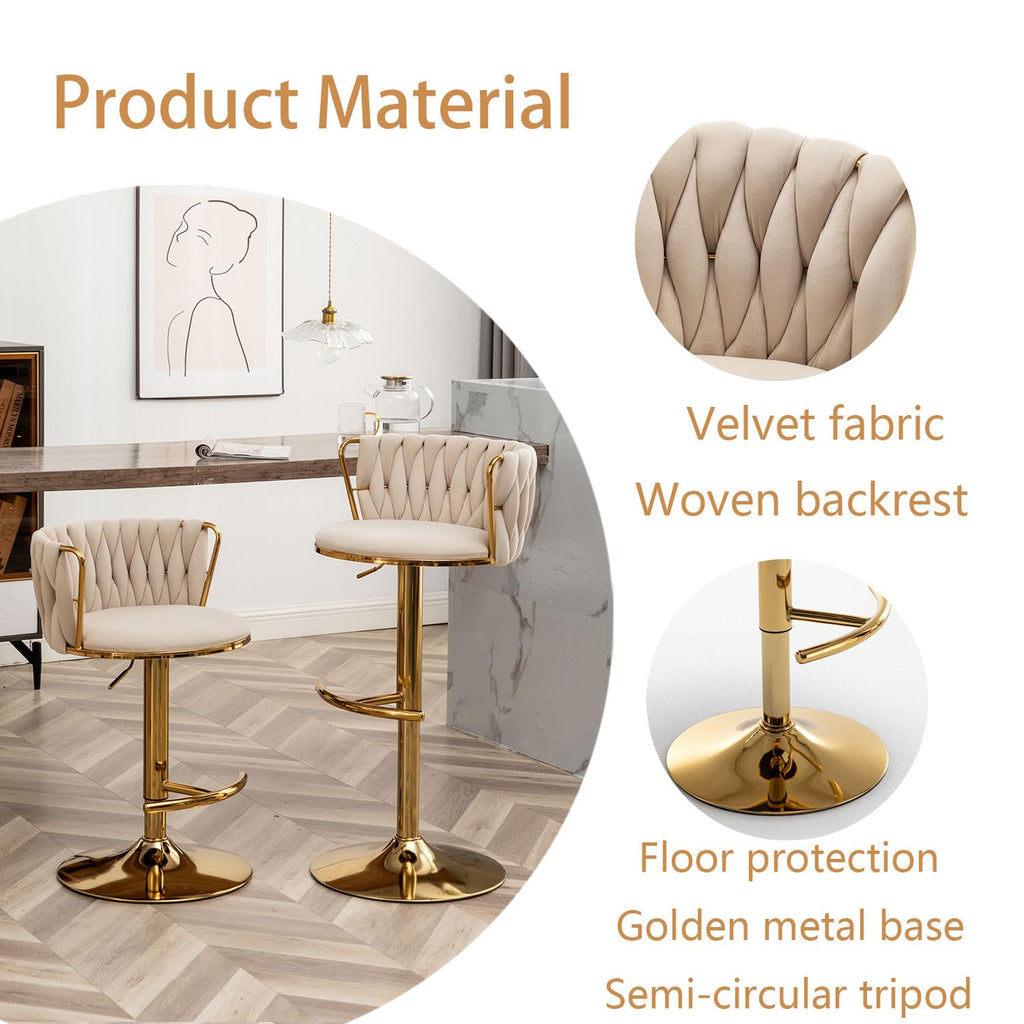 Woven Bar Stools Set of 4, Counter Height Bar Stools with Low Back, Gold Swivel Barstools Island, Bar Pub (Beige)