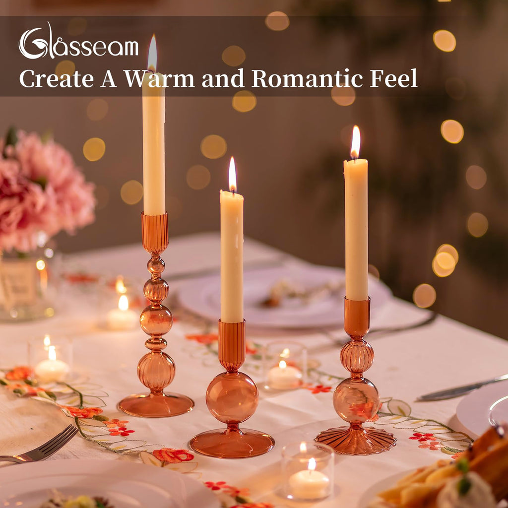 Glass Candlestick Holders, 3 Pcs Amber Unique Taper for Fall Decor