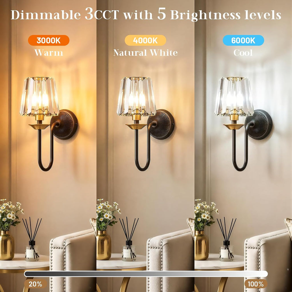 Black and Gold Battery Operated Wall Sconces Set of Two, Crystal Wireless Rechargeable Wall Lights with Remote