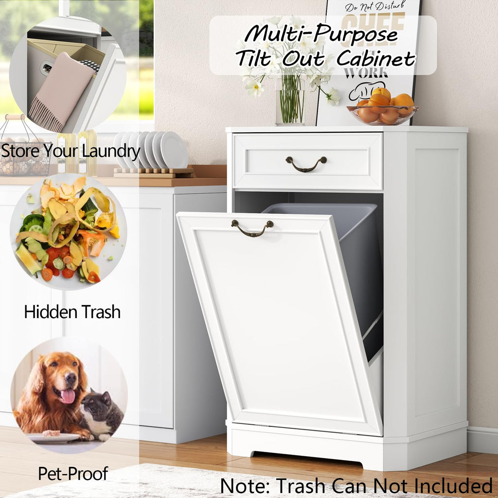 Tilt Out Laundry Hamper Cabinet, Hidden Laundry Cabinets w/Drawer & Basket