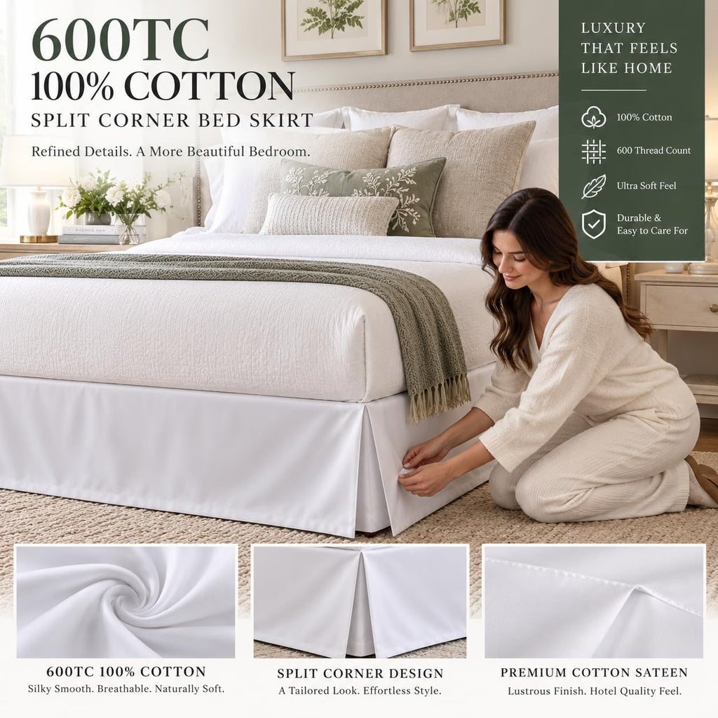 Signature 600TC 100% Cotton Split Corner Bed Skirt - Luxury Tailored 12" Drop Length Bed Skirt with Premium Finish