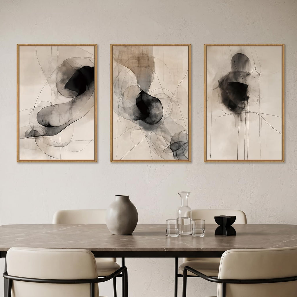 Large Abstract Neutral Black Framed Canvas Wall Art Set -24"x36"x3