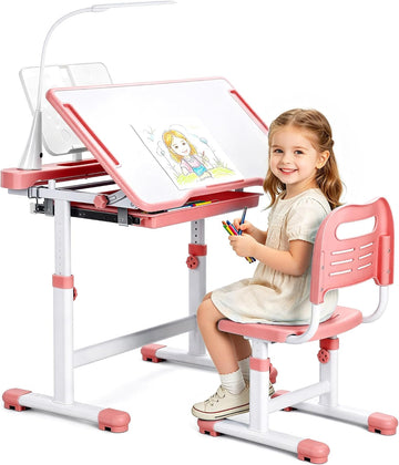 Kids Desk and Chair Set, Height Adjustable Children School Functional Study Desk with 55° Tiltable Desktop, 3 Modes &