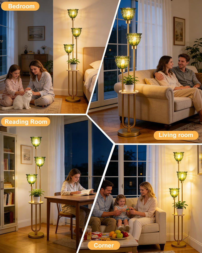 3-Light Green Tulip Glass Floor Lamp with Side Table, Mid Century Modern Gold Tall Standing Lamp, 3000K Warm White