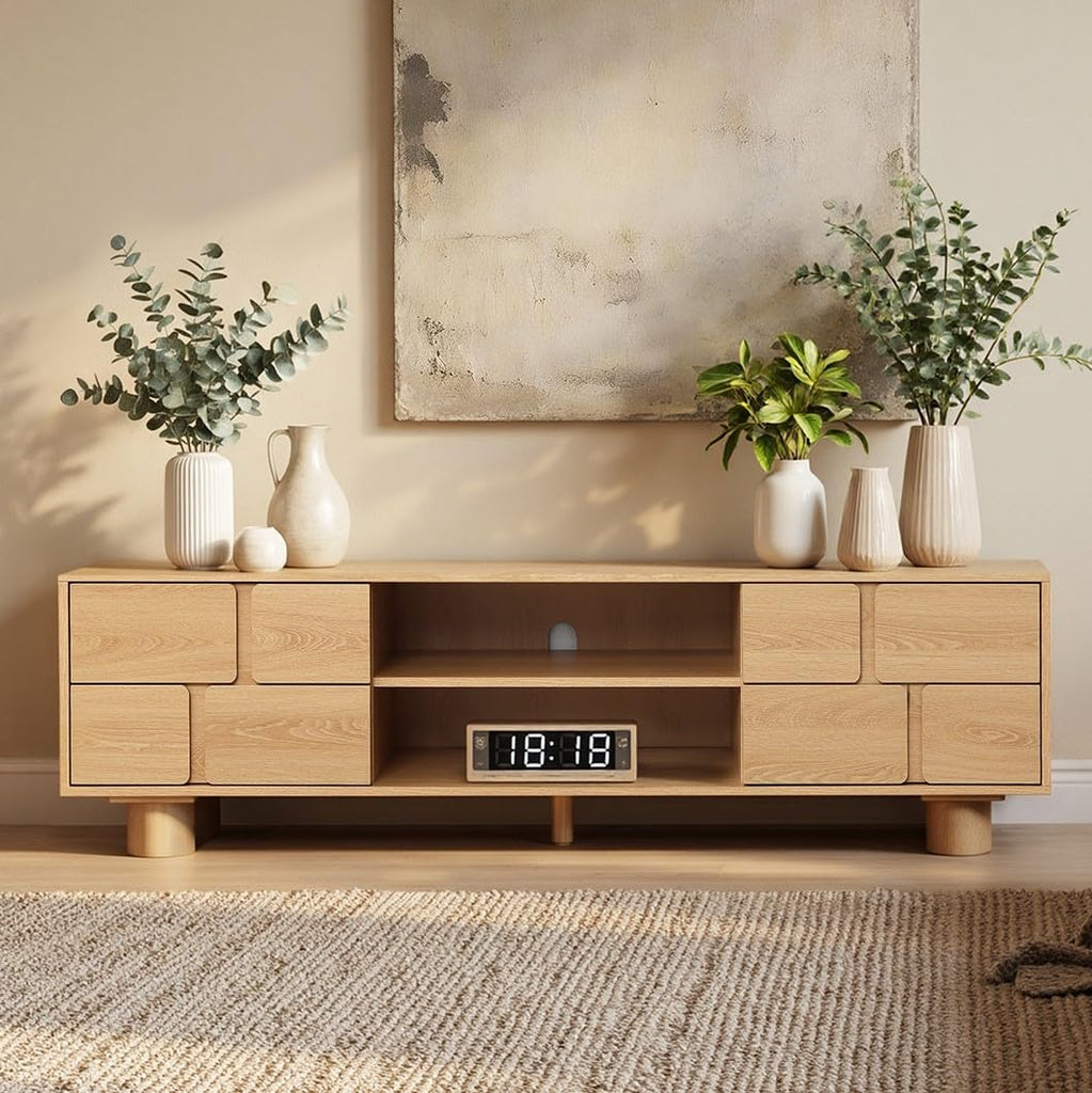 Japandi TV Console Stand 63" 3D Textured Doors Credenza