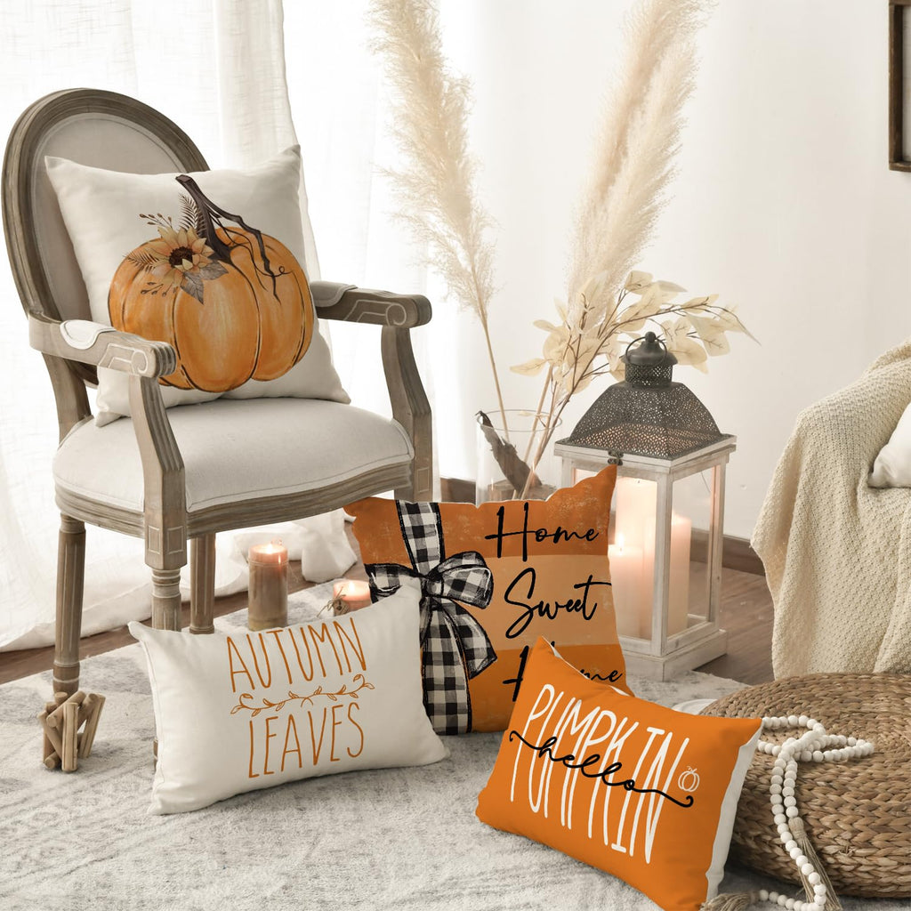 Fall Pumpk Sweet Home Throw Pillow Covers, 20 x 20 Inch Autumn Thankful Grateful Blessed Harvest Floral Orange