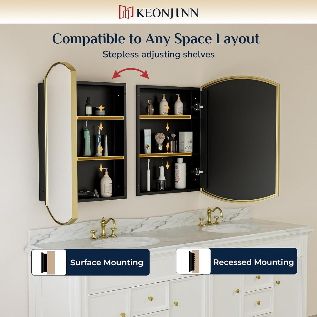 Gold Medicine Cabinet Mirror 16" x 26", Metal Framed | Adjustable Shelves, Different Curved Frame Design, Wall Mirror