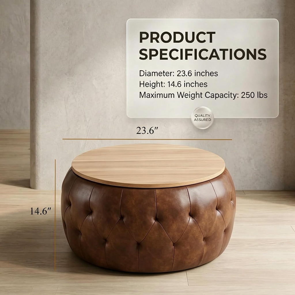 Round Ottoman with Storage, 25 Inches Wooden Top Coffee Table , Modern Upholstered Side Table, Multifunctional Faxu