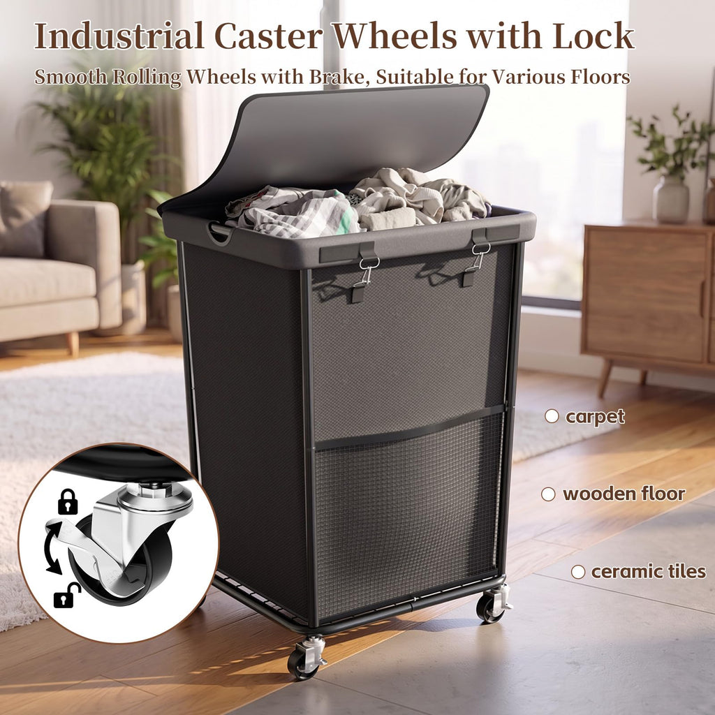 Hamper with Wheels and Lid, 150L Large Rolling Laundry Basket Gray