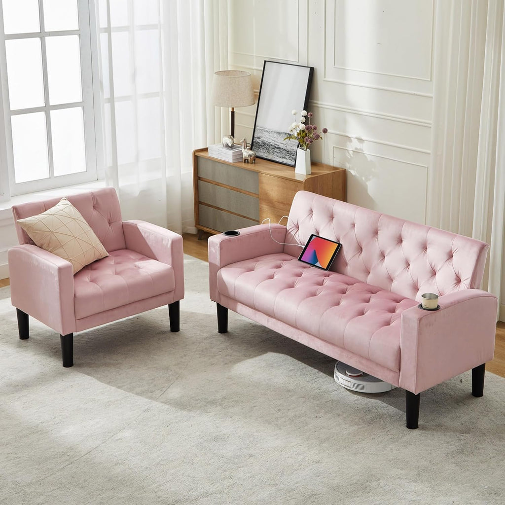 Mid-Century Modern Tufted Pink Velvet Loveseat Sofa Set w/ 2 USB & 2 Cupholders, 2 Piece Living Room Furniture Sets