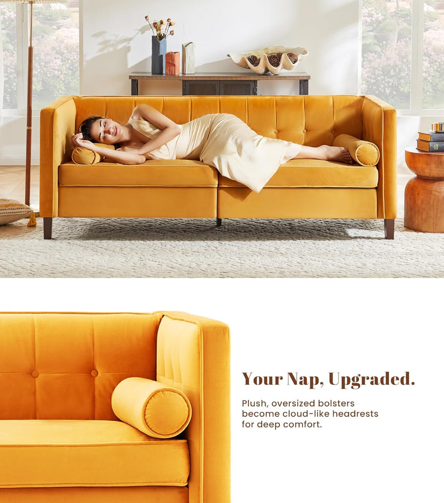 78'' W Velvet Sofa, Mid-Century Love Seats Sofa Furniture with Bolster Pillows