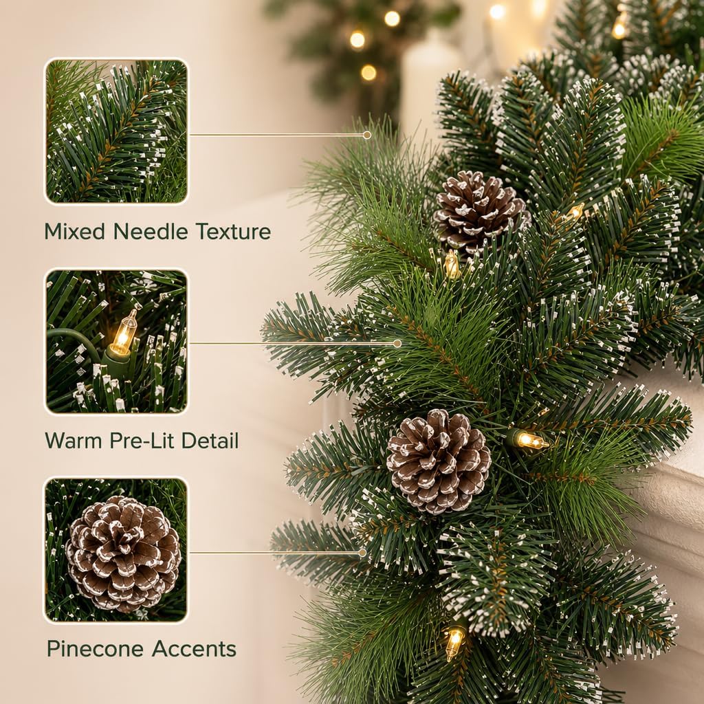 9FT Pre-Lit Artificial Christmas Garland with 50 Lights, White Garland with Pine Cones and Red Berries, Plug-in Snowy
