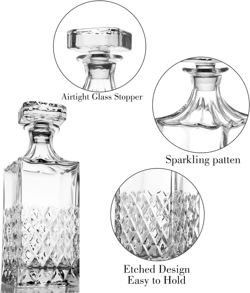 Whiskey Decanter 29oz, Crystal Whiskey Decanter with Stopper, Non-Lead, 828ml, Clear, Durable, Dishwasher Safe