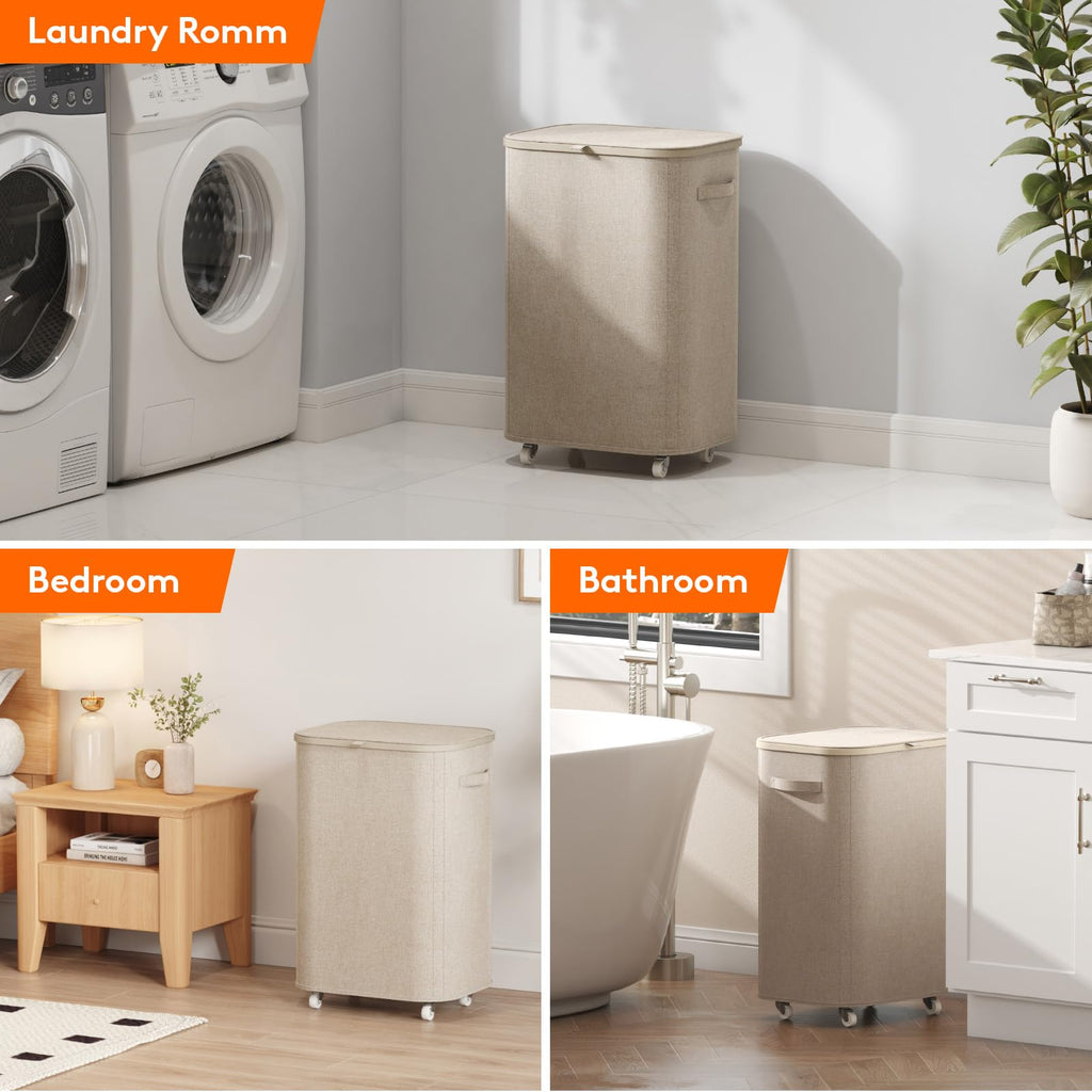 85L Large Laundry Basket with Wheels and Lid, Beige