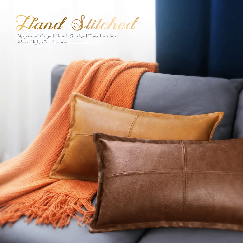 Piped Faux Leather Throw Pillow Cover 12x20 Inches, Brown, 1 PC