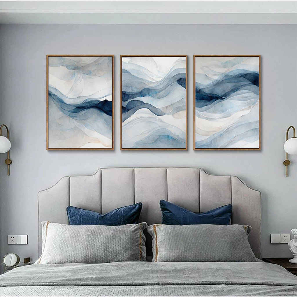 3 Piece Large Abstract Framed Wall Art , Smoke Texture Ink Navy Blue Canvas Wall Art Modern Minimalist Art Prints