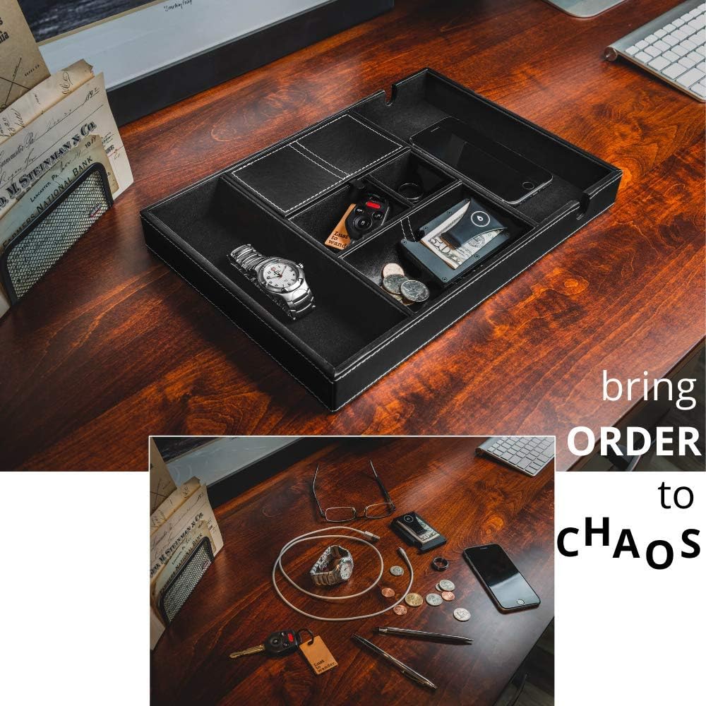 Valet Tray for Men, Nightstand Organizer, Entry Table Organizer, Catch All, Black Faux Leather Box, 6 Compartments