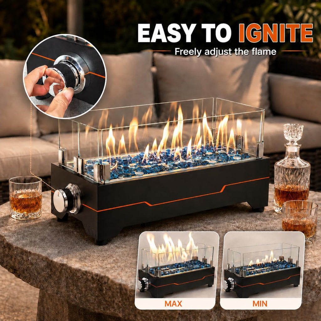 15 Inch Table Top Propane Fire Pit, 30,000 BTU Rectangular Tabletop Firepit with Glass Wind Guard & Carry Bag