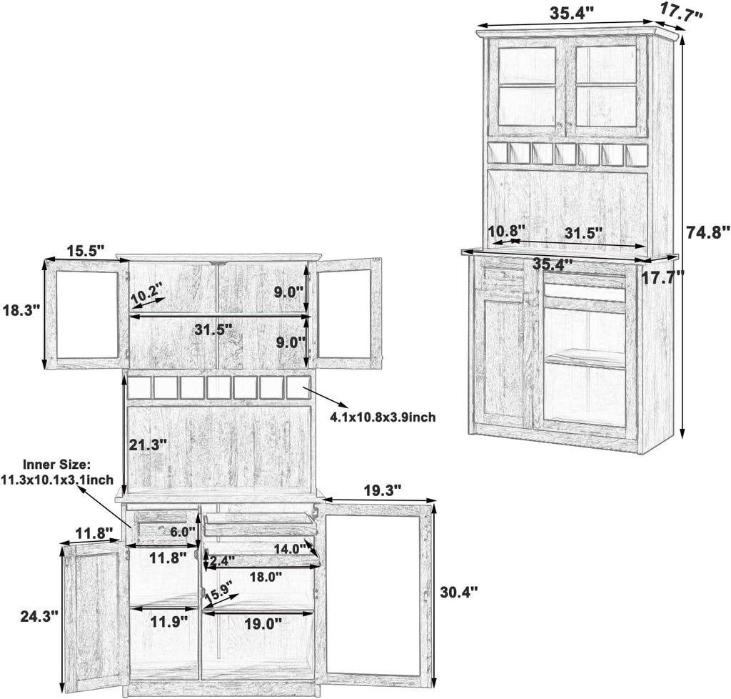 35.4"x17.7"x74.8" Farmhouse Freestanding Buffet with Hutch, Kitchen Pantry Storage Cabinet with Wine Rack and