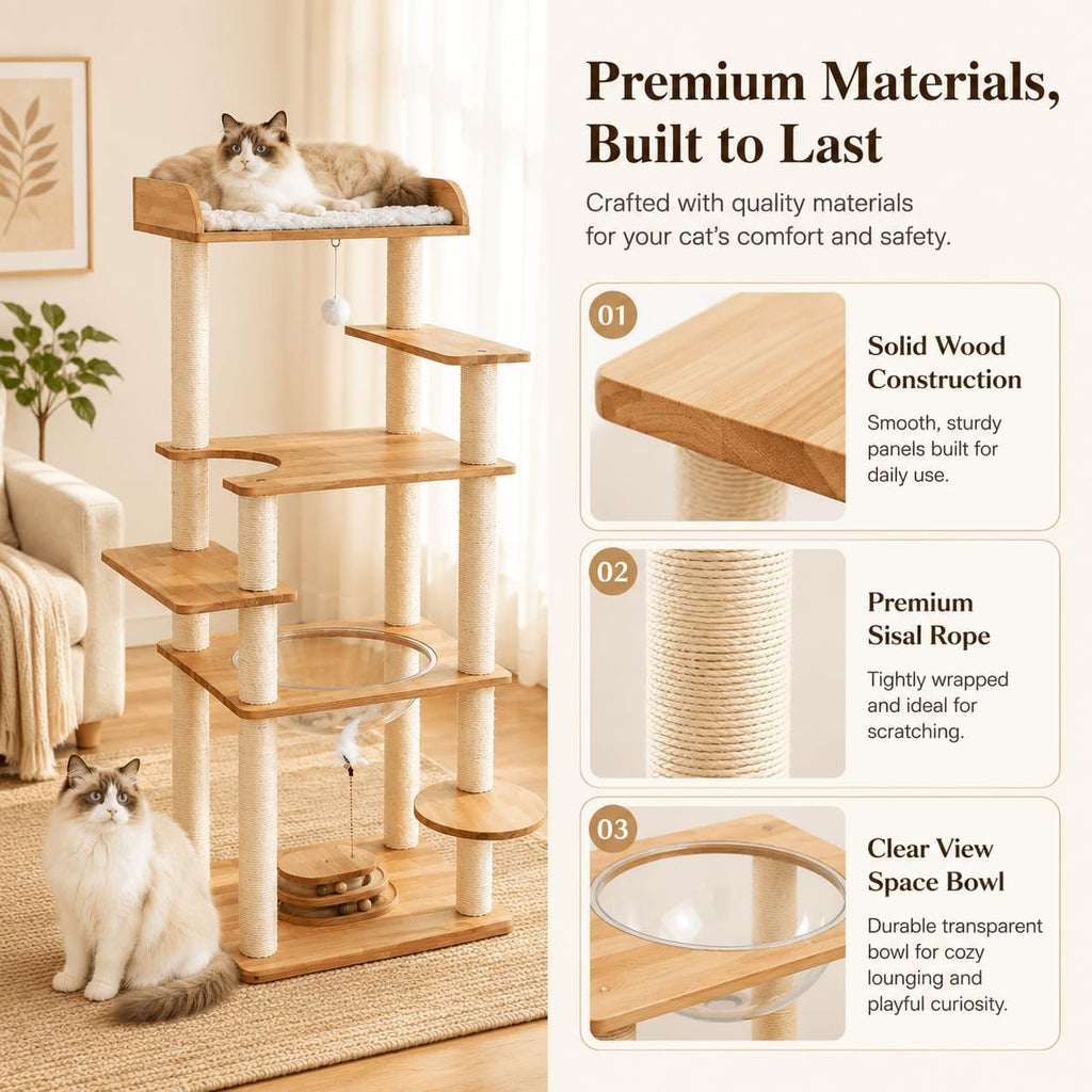 56in Wooden Cat Tree for Large Cats, Tall Sturdy Cat Tower