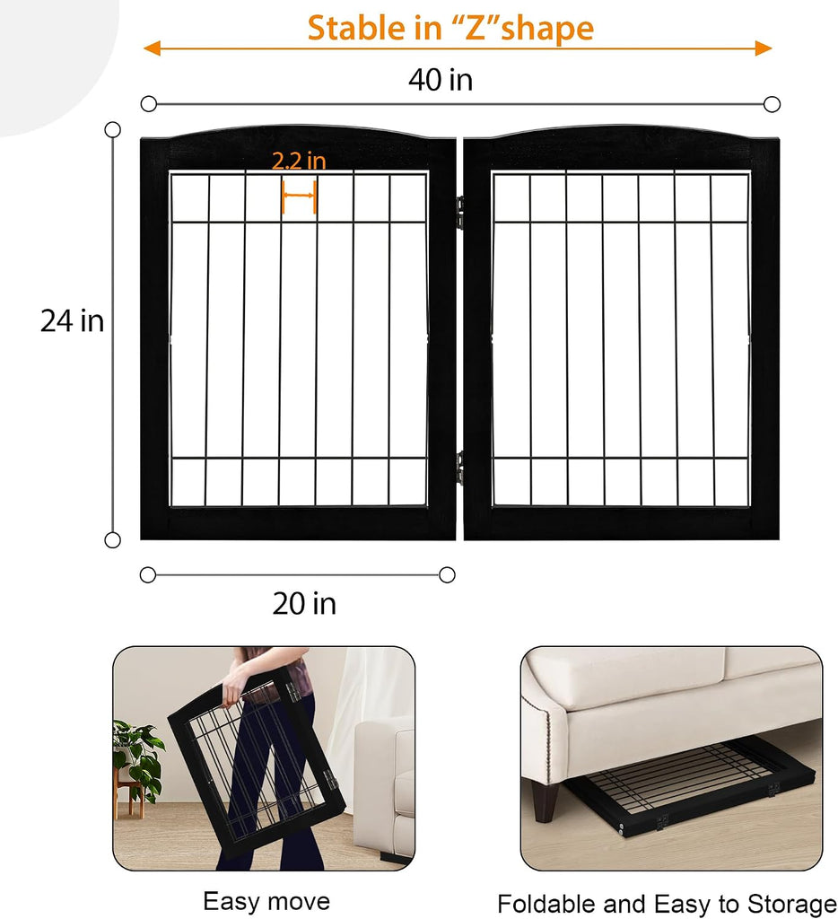 2-Panel Freestanding Foldable Wood Dog Gate - Solid Wood & Steel Wire, Chew-Resistant Pet Barrier for Indoor Use