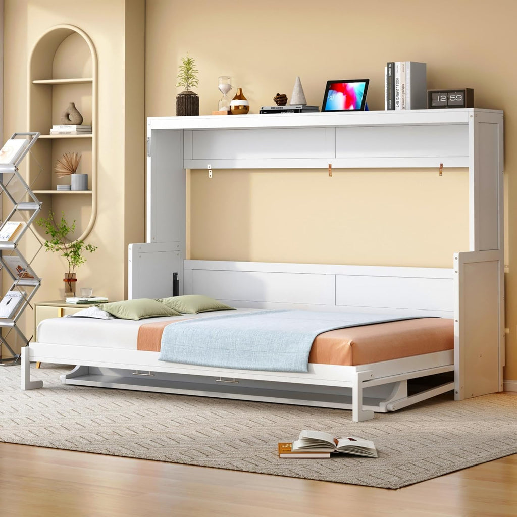 Queen Horizontal Murphy Bed with Desk,Wood Folding Hideaway Murphy Wall Bed for Adult,Guest Room,No Box Spring