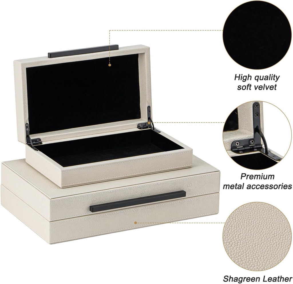 Beige Shagreen Decorative Storage Boxes with Black Metal Handles -Faux Leather Large Modern Stackable - Set of 2