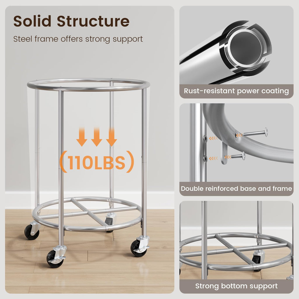Laundry Basket with Wheels, Round Rolling Laundry Hamper, Gray