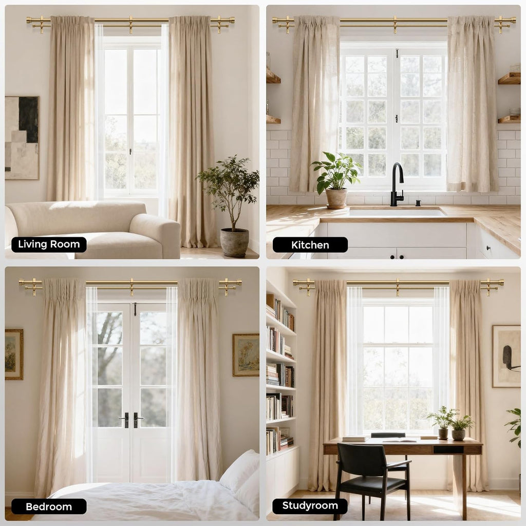 Brass Double Curtain Rod, Warm Gold Extra Long Dual Curtain Rods for Windows 36 to 153 Inch, 1 Inch Adjustable Heavy