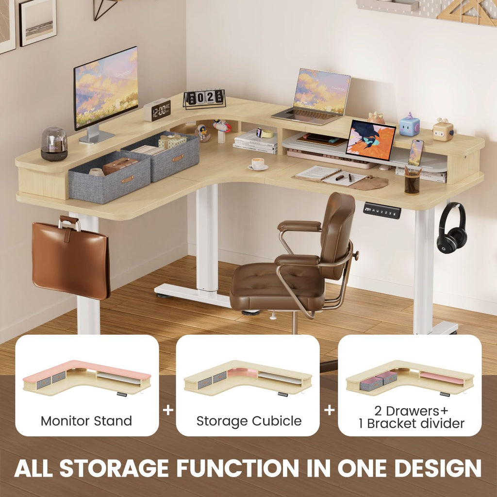 Electric L Shaped Standing Desk with Drawers, 63" x 55" Corner Standing Desk Adjustable Height, Stand Up Home Office